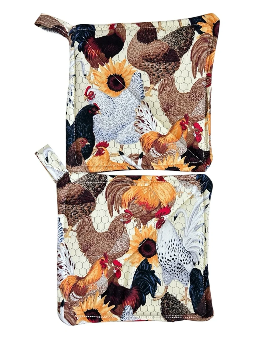 Hand Crafted Farmhouse Rooster & Sunflower Potholder Set Fabric Hot Mat Trivet